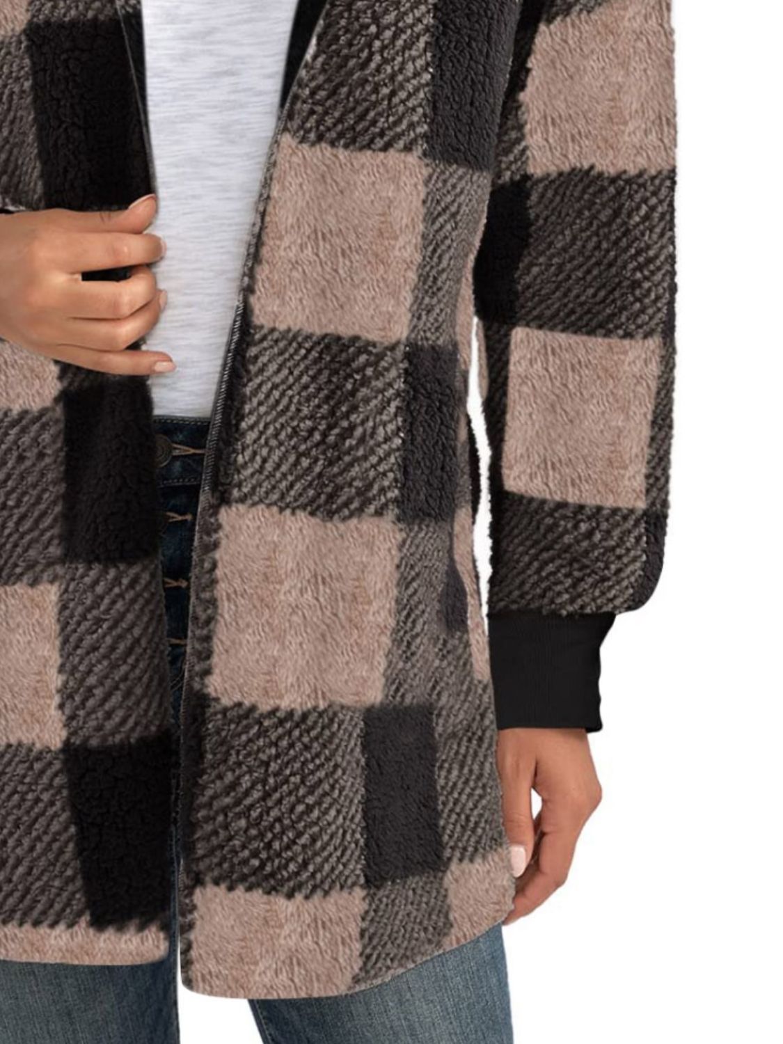 Plaid Long Sleeve Hooded Coat - EMMY