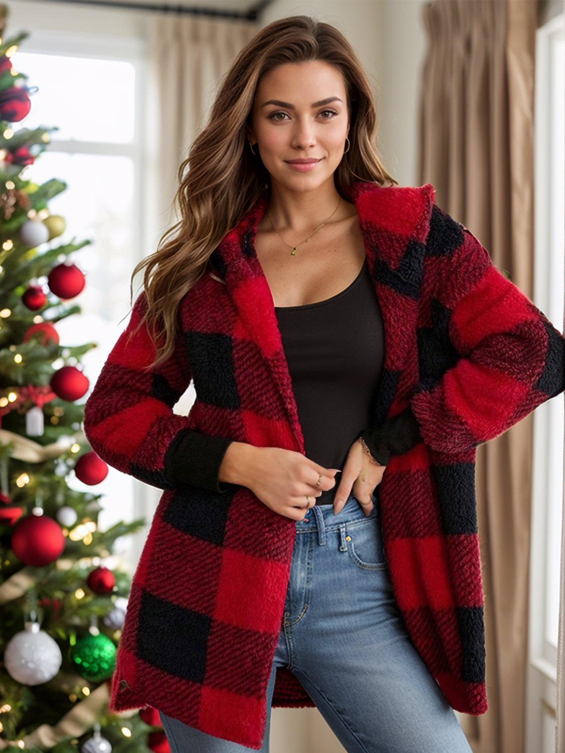 Plaid Long Sleeve Hooded Coat - EMMY