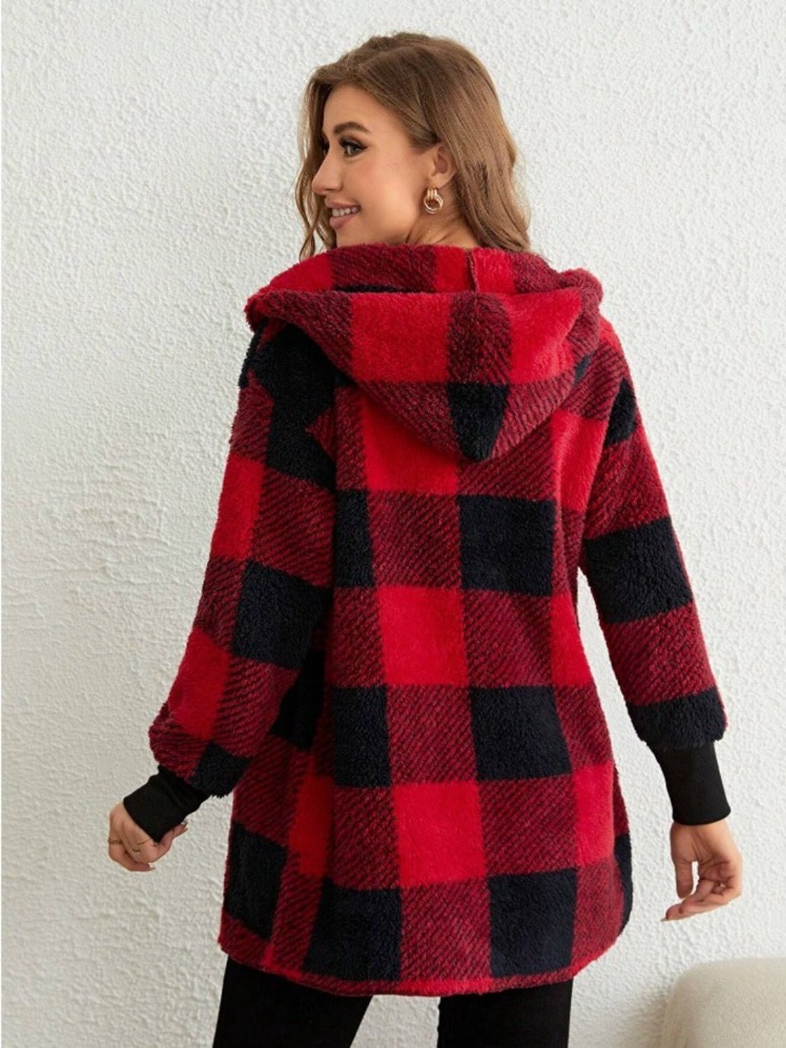 Plaid Long Sleeve Hooded Coat - EMMY