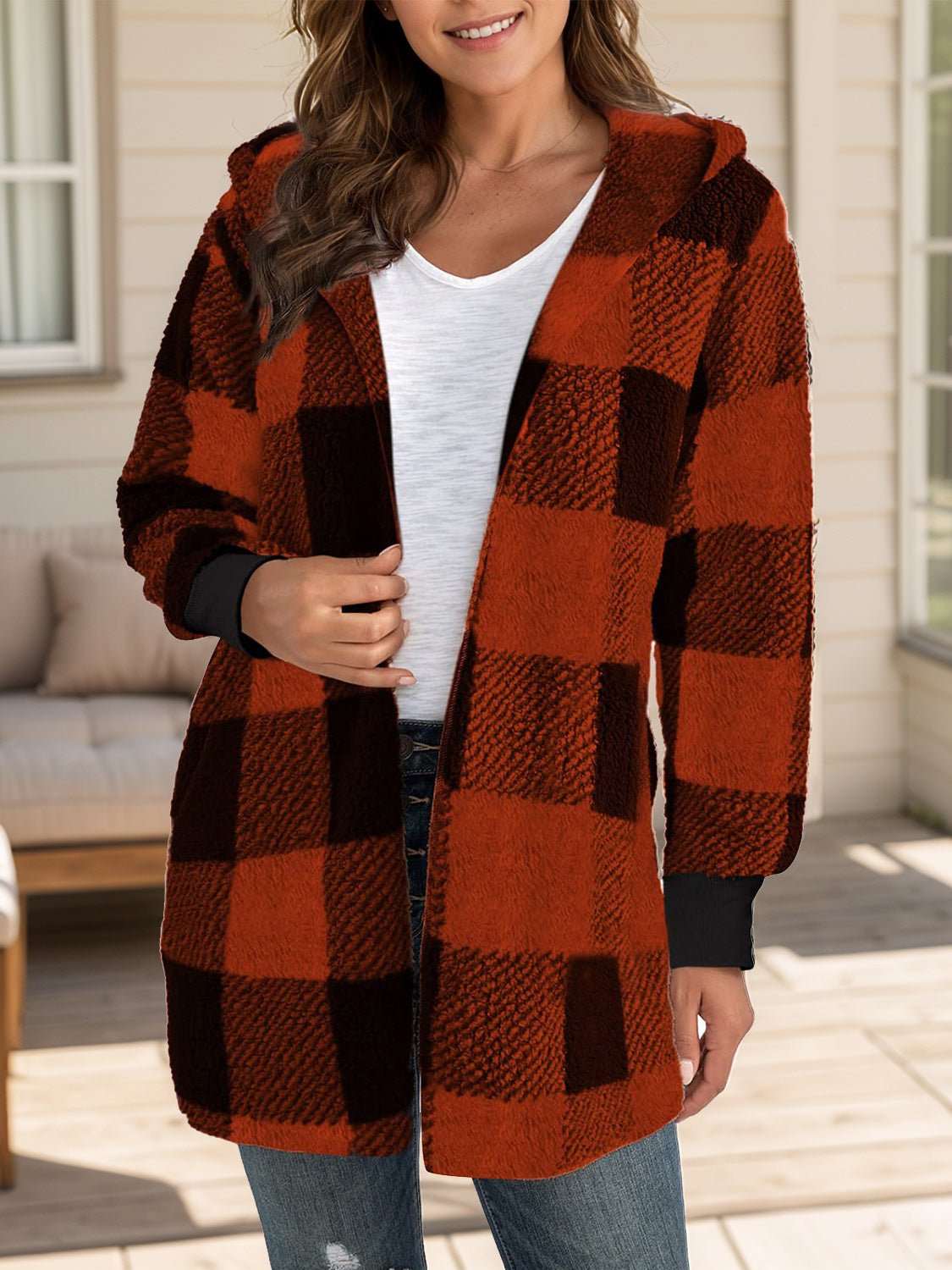 Plaid Long Sleeve Hooded Coat - EMMY