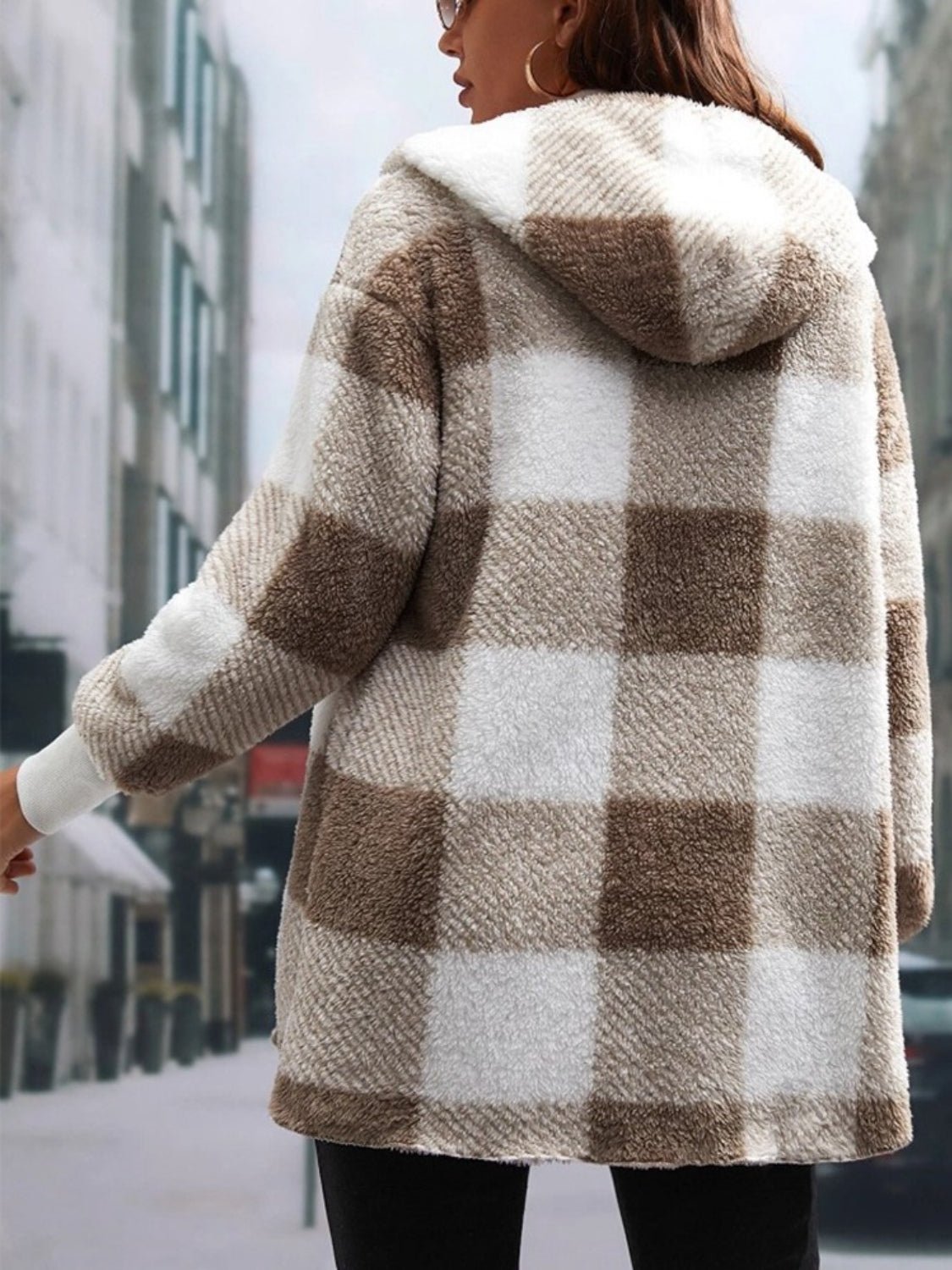 Plaid Long Sleeve Hooded Coat - EMMY