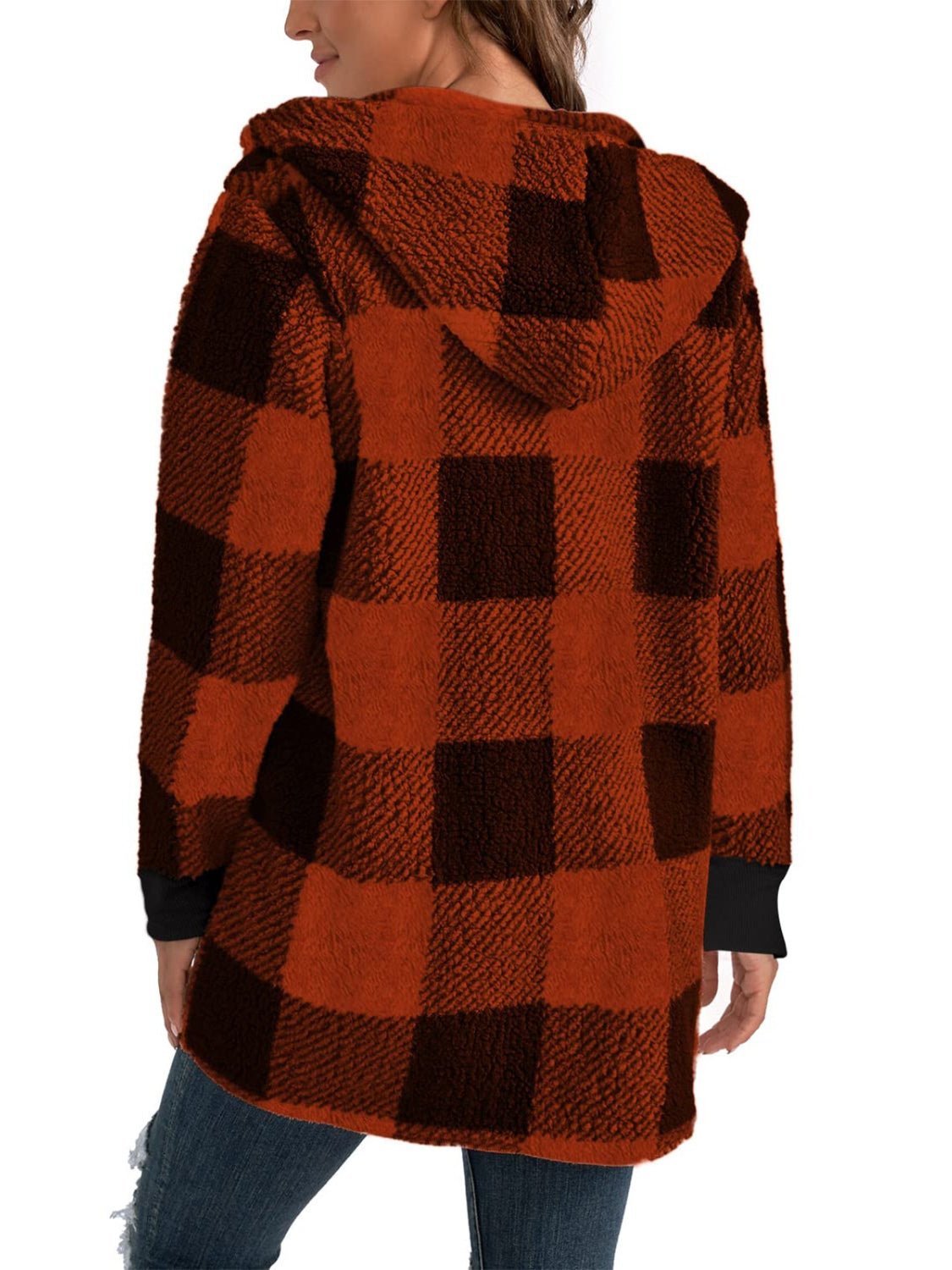 Plaid Long Sleeve Hooded Coat - EMMY