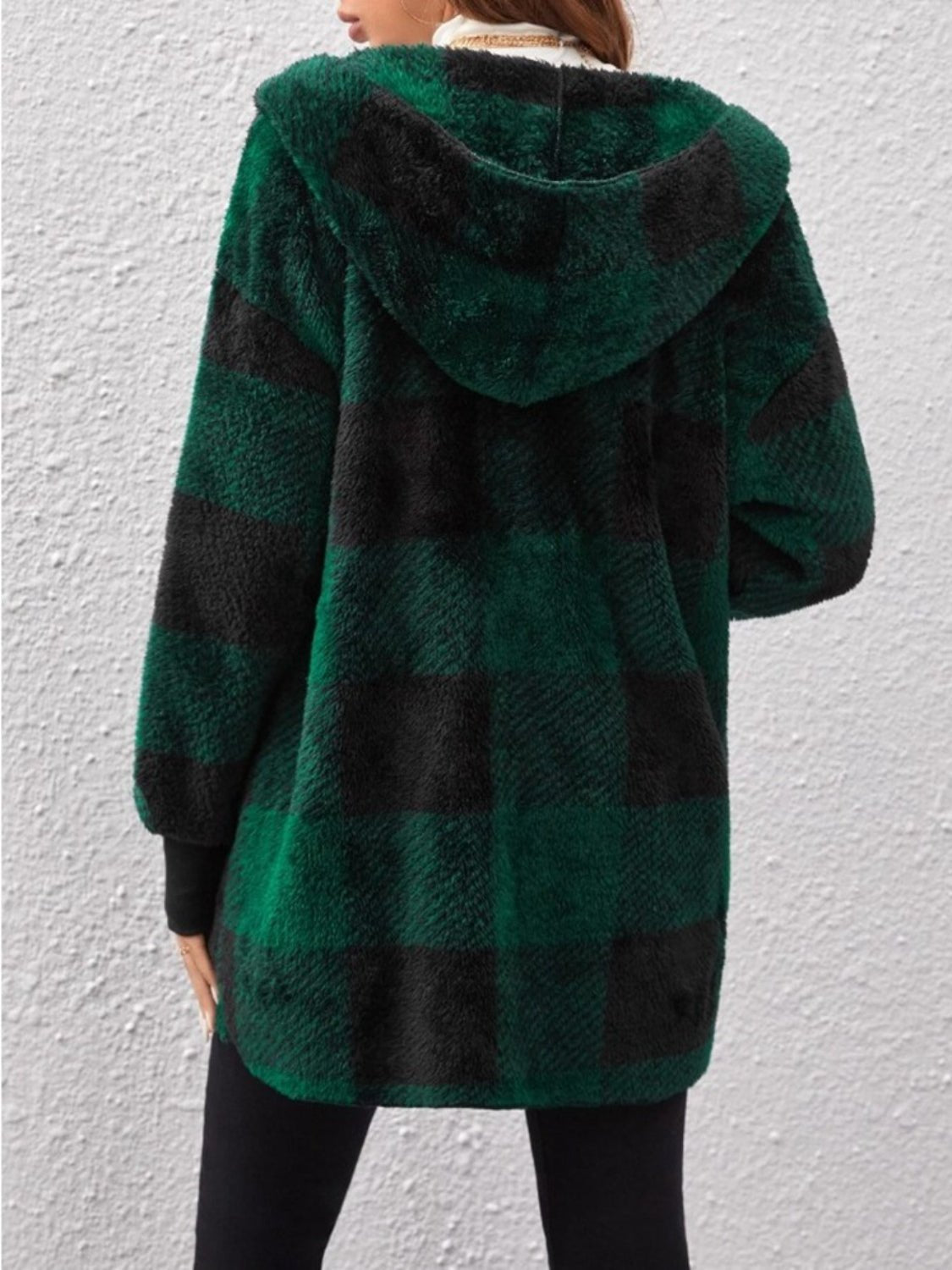 Plaid Long Sleeve Hooded Coat - EMMY