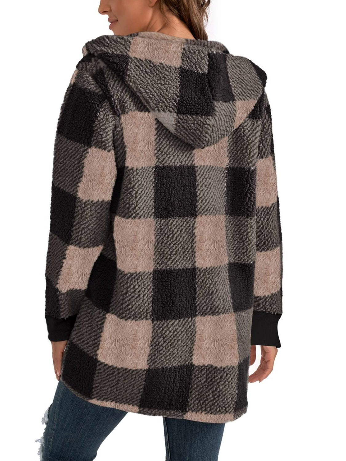 Plaid Long Sleeve Hooded Coat - EMMY