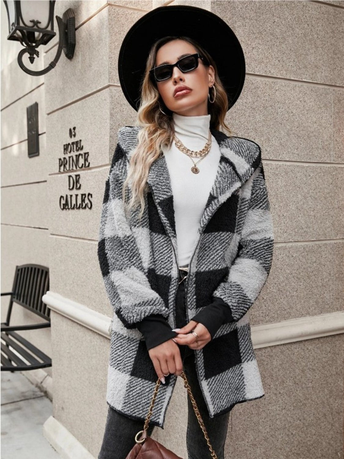 Plaid Long Sleeve Hooded Coat - EMMY