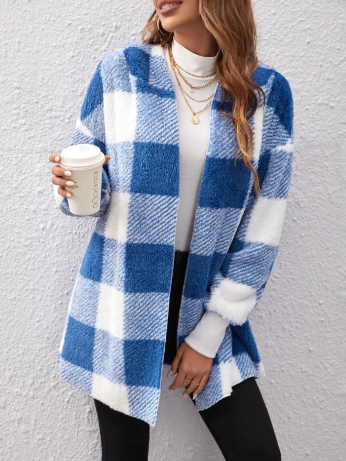 Plaid Long Sleeve Hooded Coat - EMMY