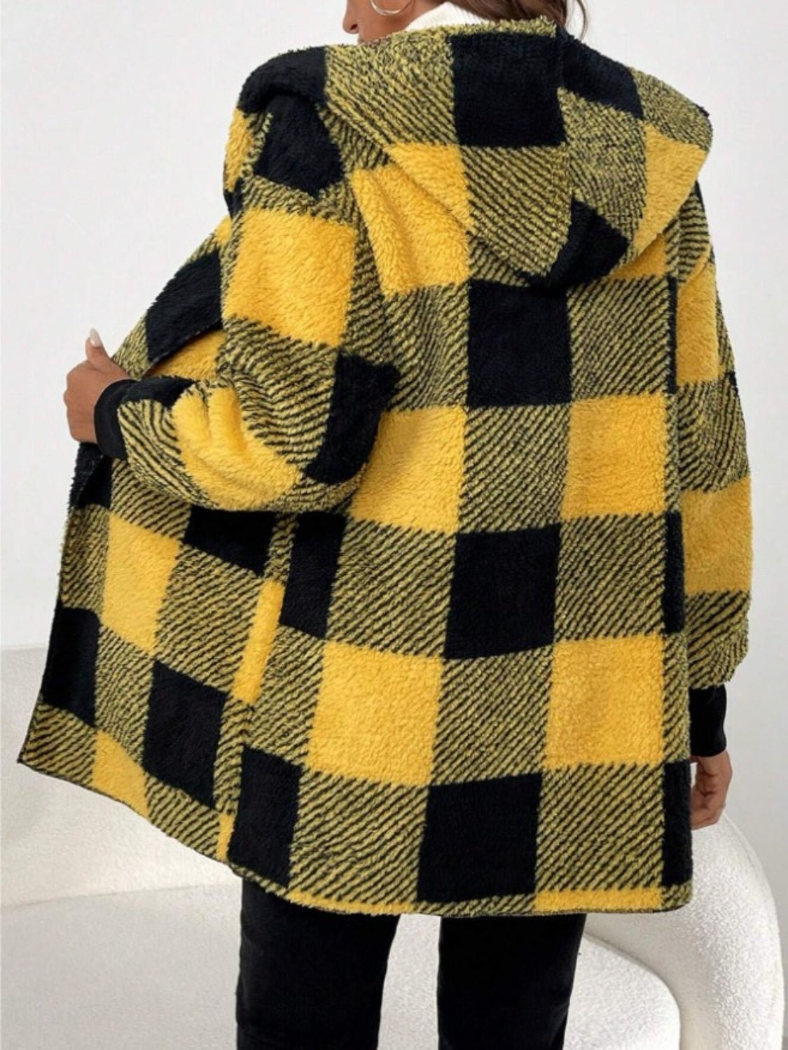 Plaid Long Sleeve Hooded Coat - EMMY