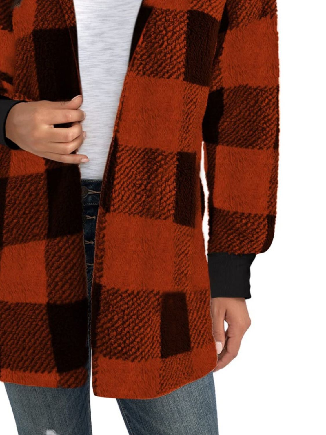 Plaid Long Sleeve Hooded Coat - EMMY