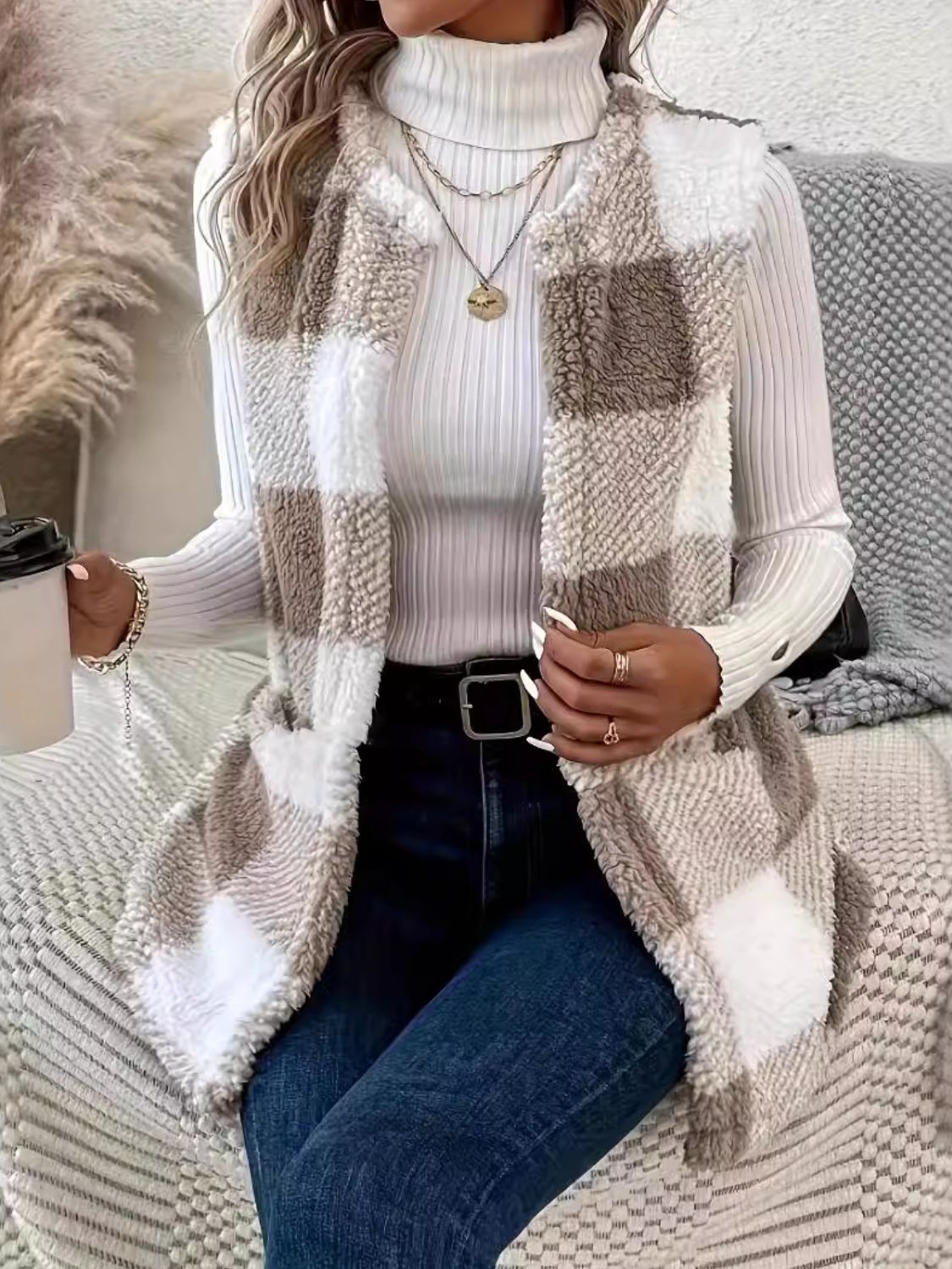 Plaid Open Front Vest Coat - EMMY