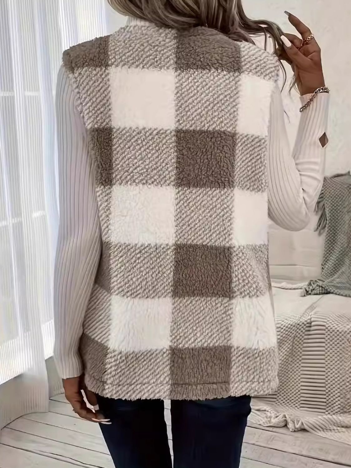 Plaid Open Front Vest Coat - EMMY