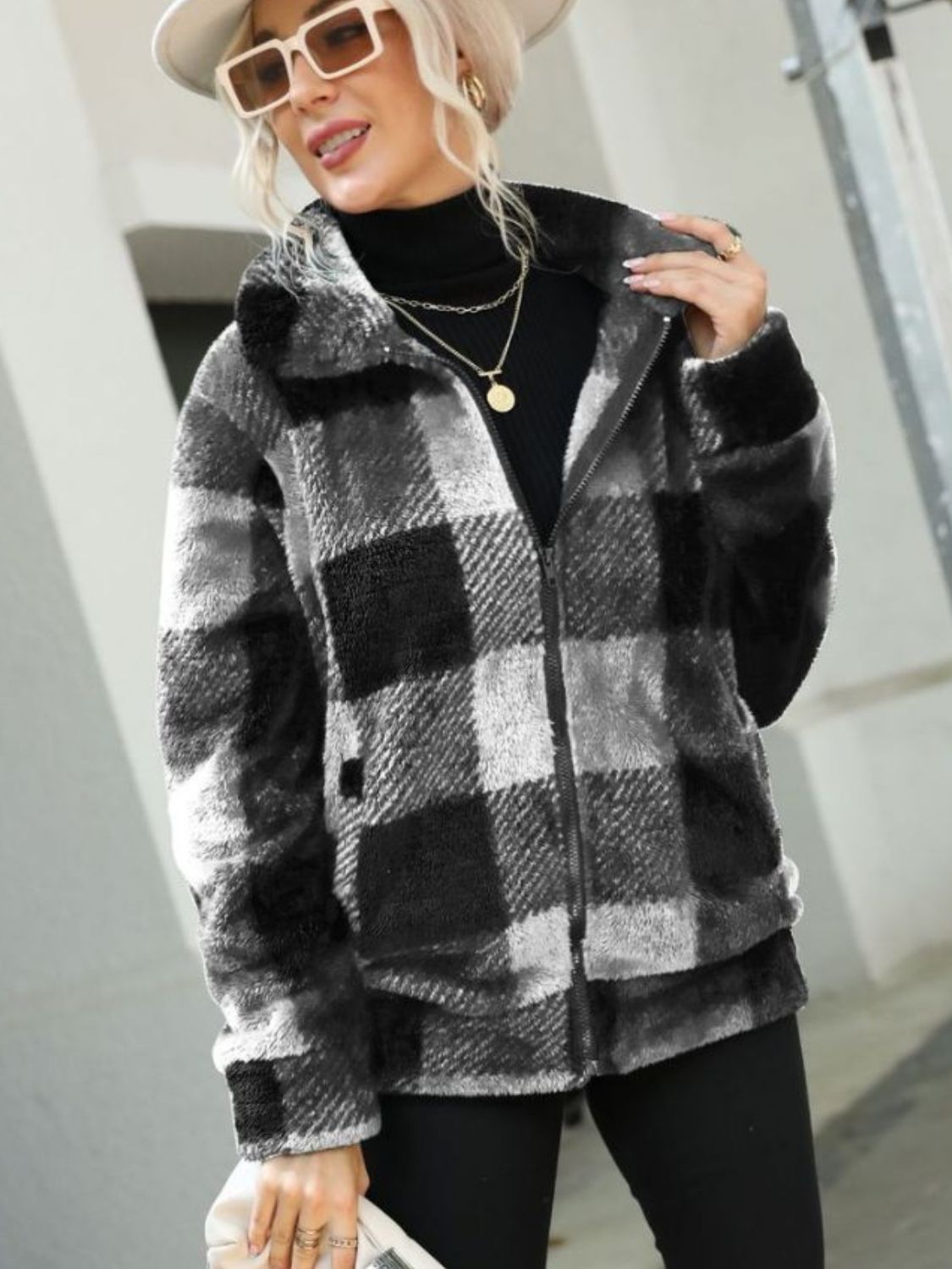 Plaid Zip - Up Collared Jacket - EMMY