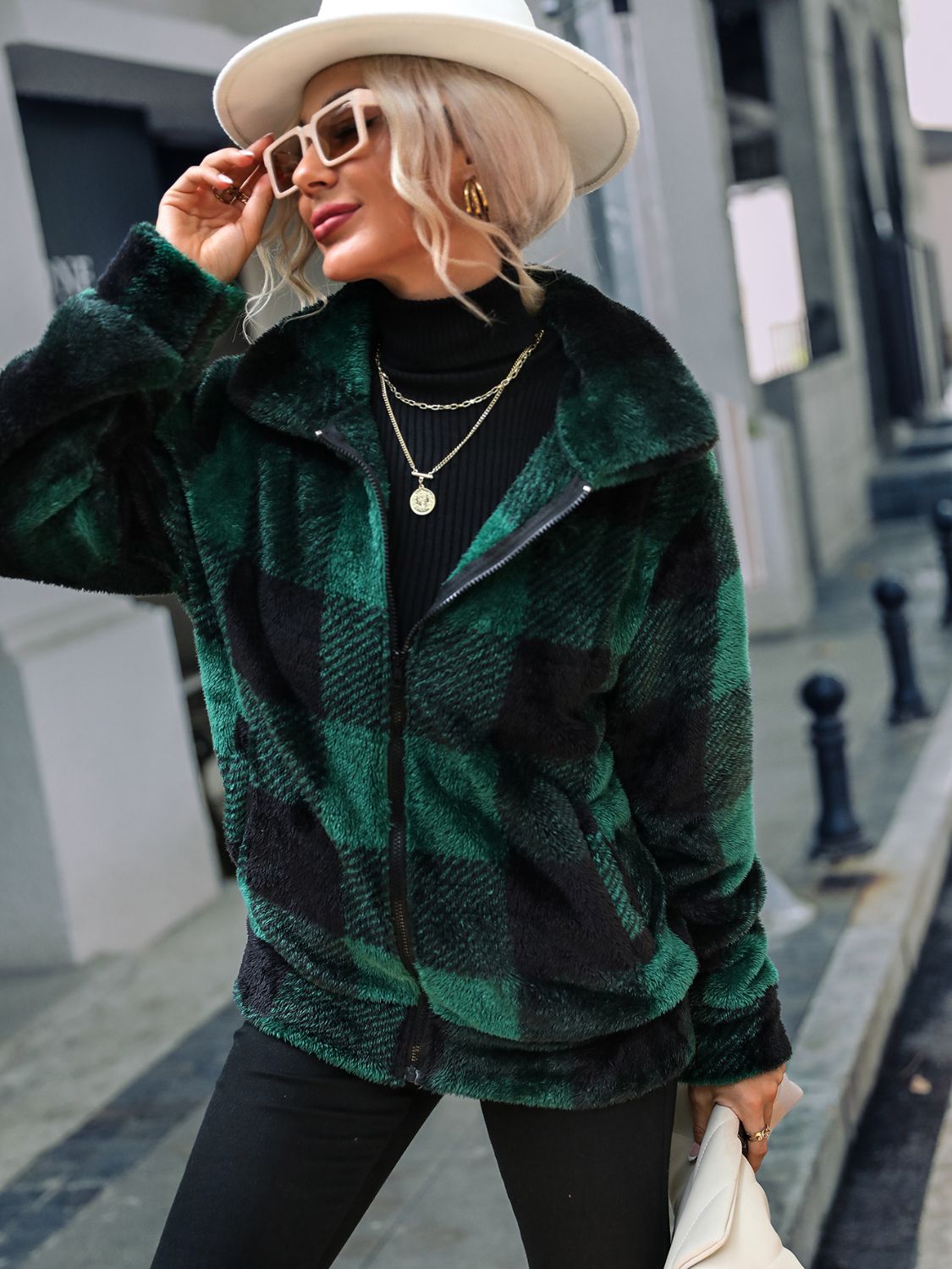 Plaid Zip - Up Collared Jacket - EMMY