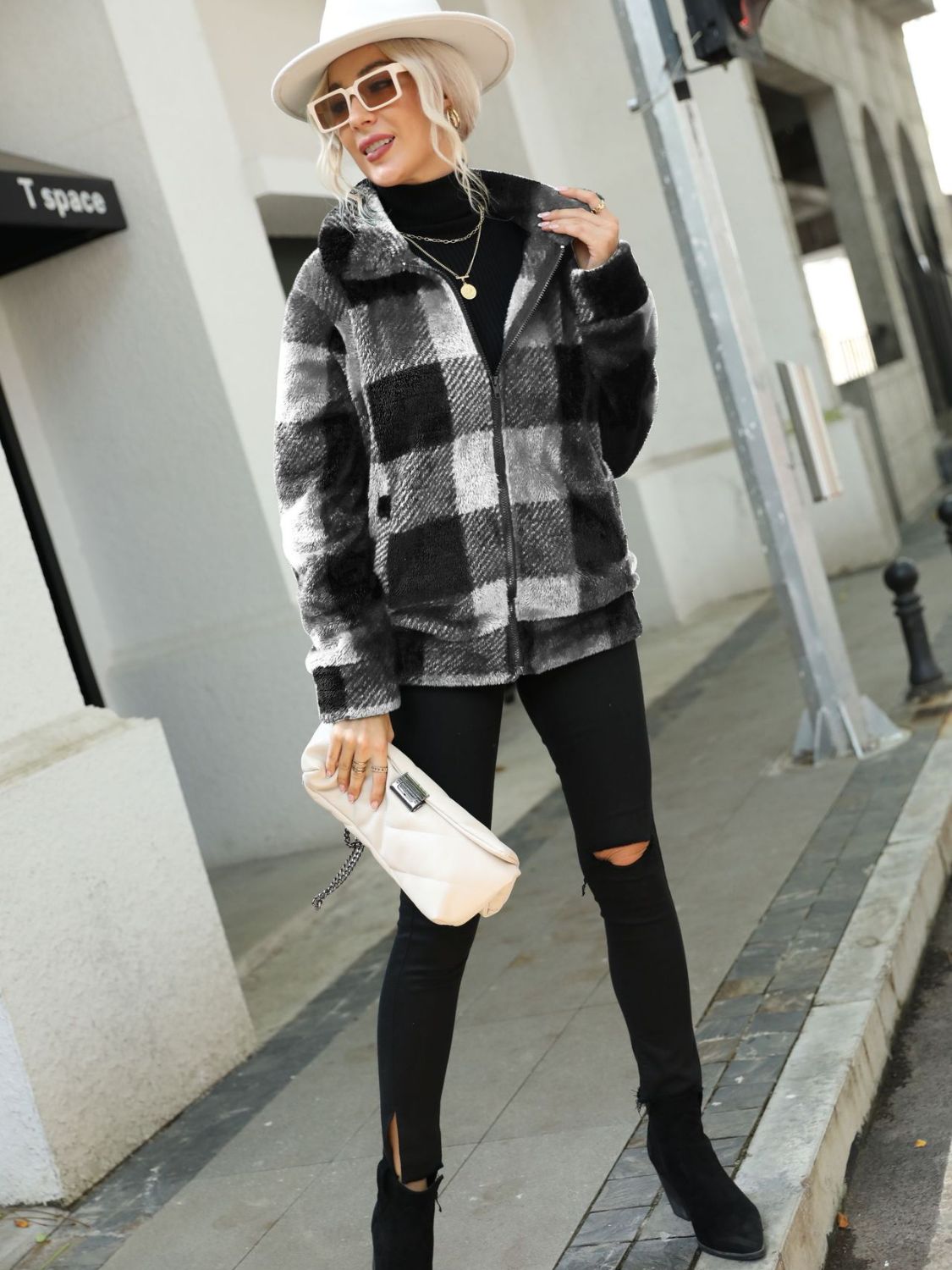 Plaid Zip - Up Collared Jacket - EMMY