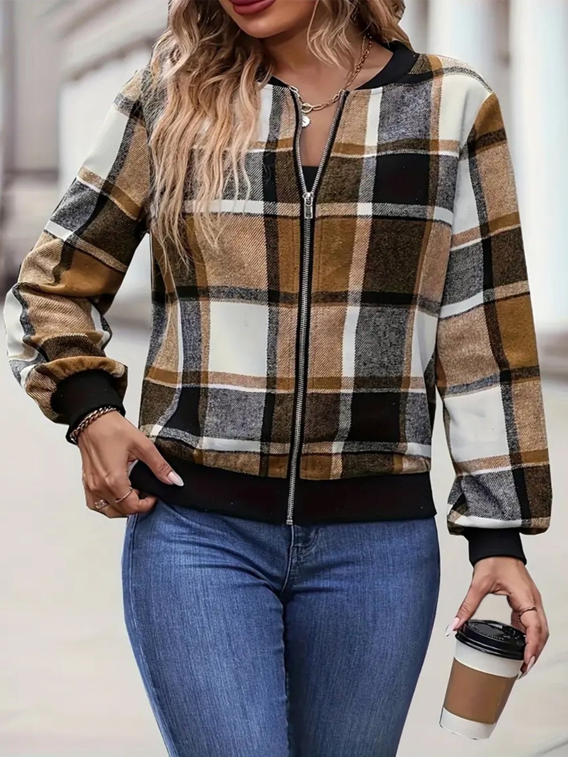 Plus Size Plaid Baseball Collar Zip Up Jacket - EMMY