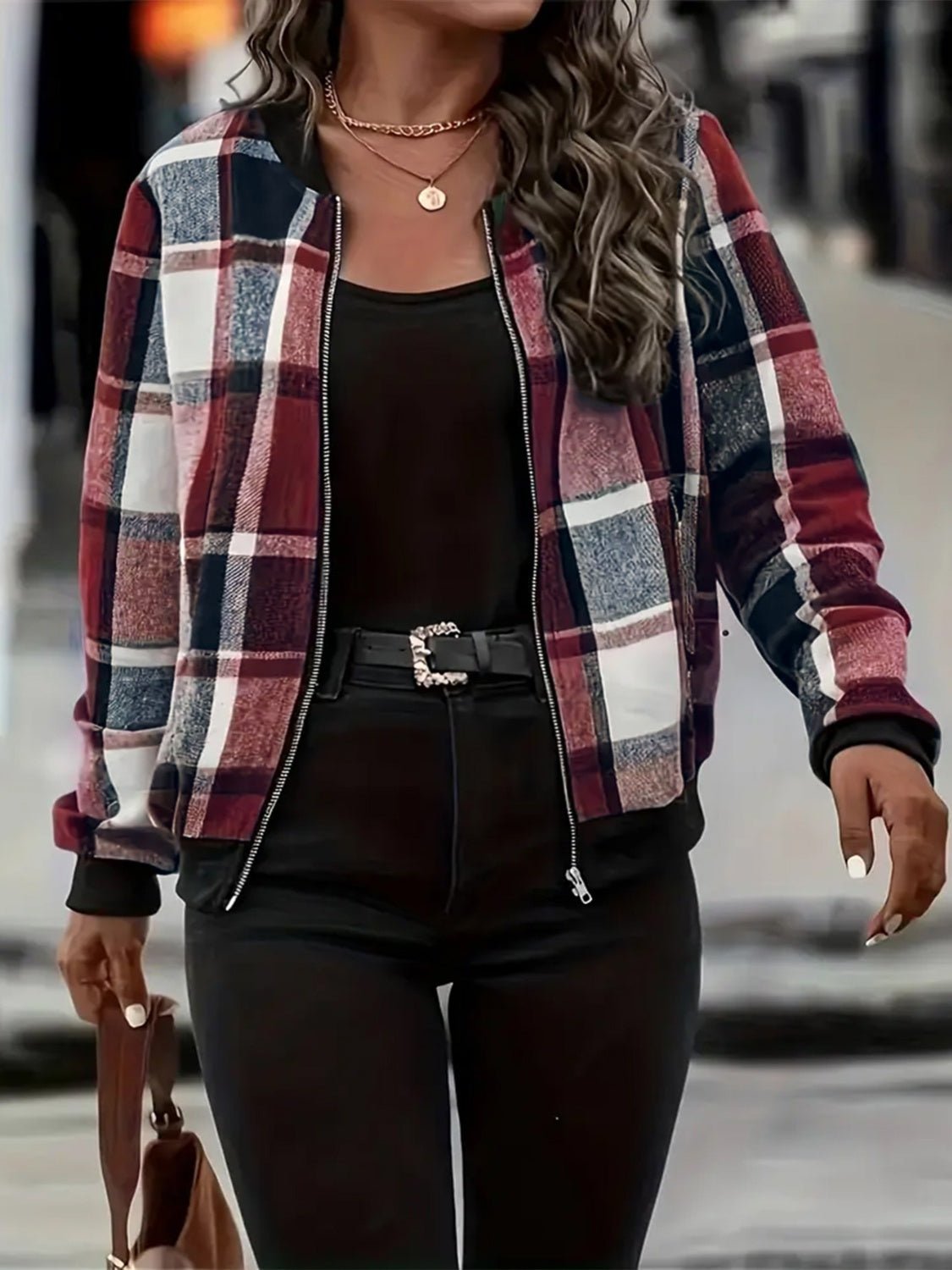 Plus Size Plaid Baseball Collar Zip Up Jacket - EMMY