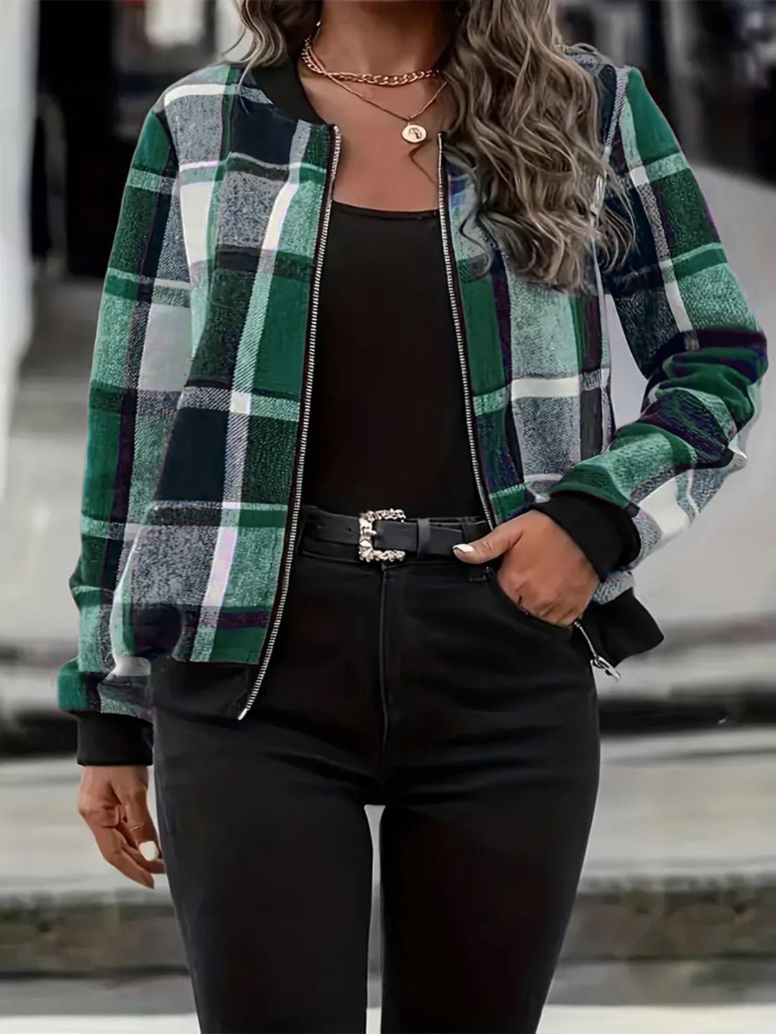 Plus Size Plaid Baseball Collar Zip Up Jacket - EMMY