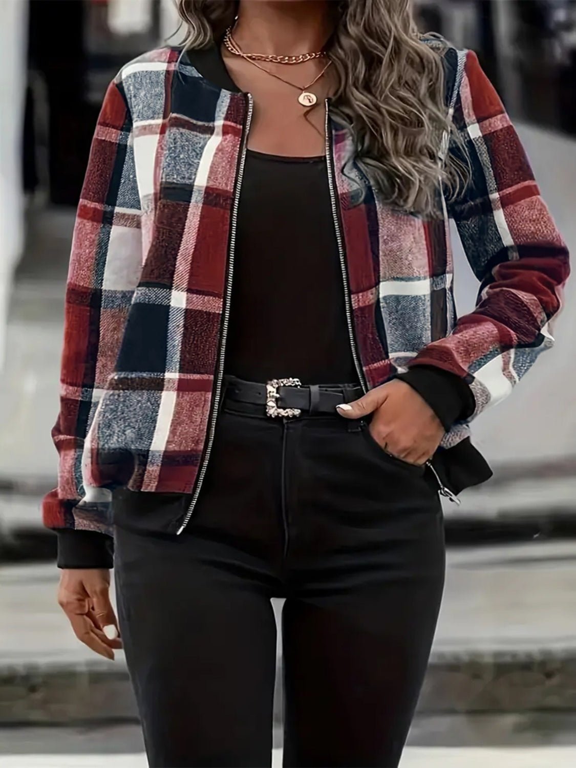 Plus Size Plaid Baseball Collar Zip Up Jacket - EMMY