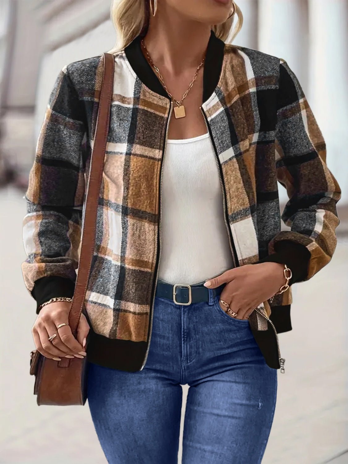 Plus Size Plaid Baseball Collar Zip Up Jacket - EMMY