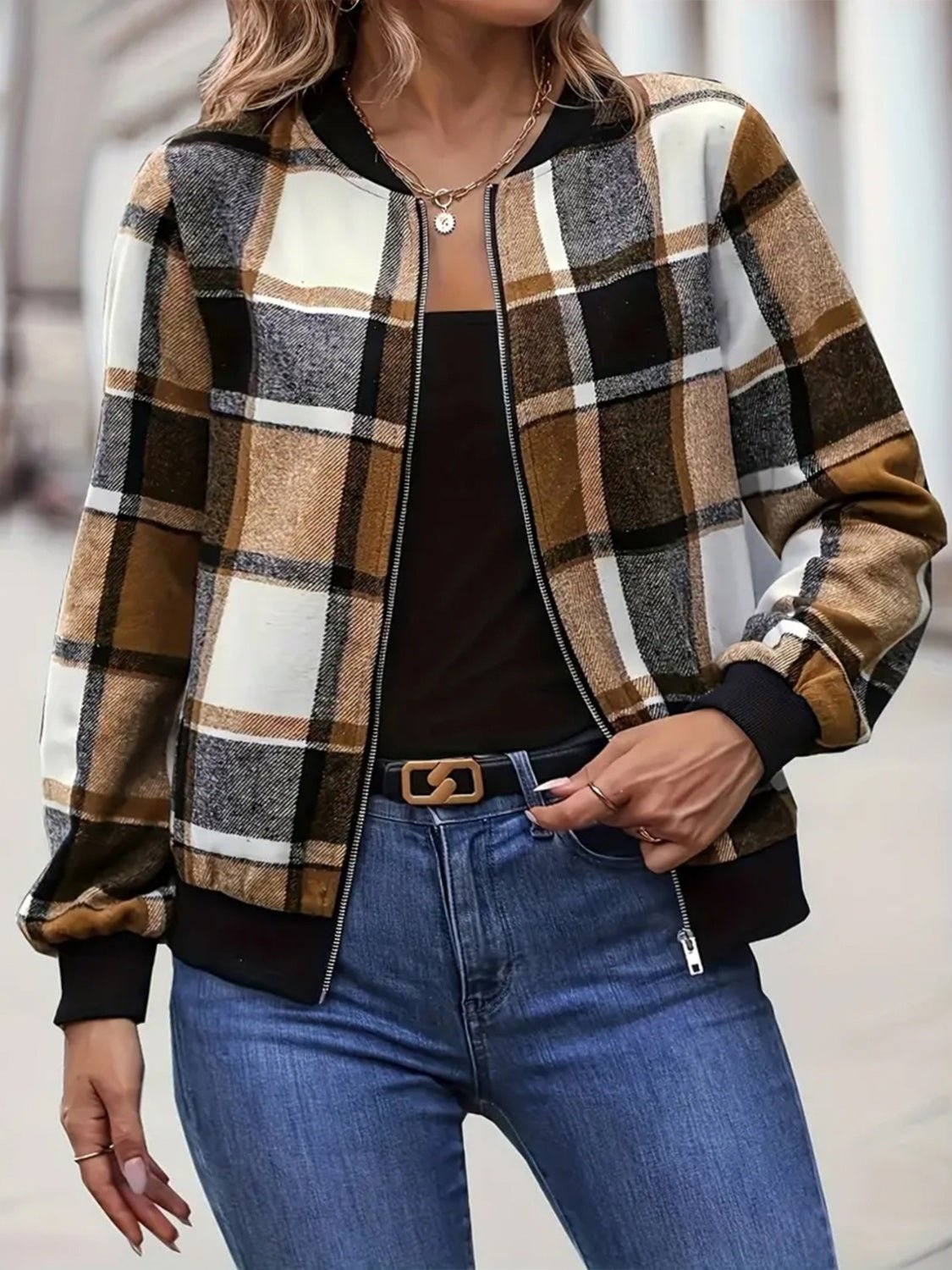 Plus Size Plaid Baseball Collar Zip Up Jacket - EMMY