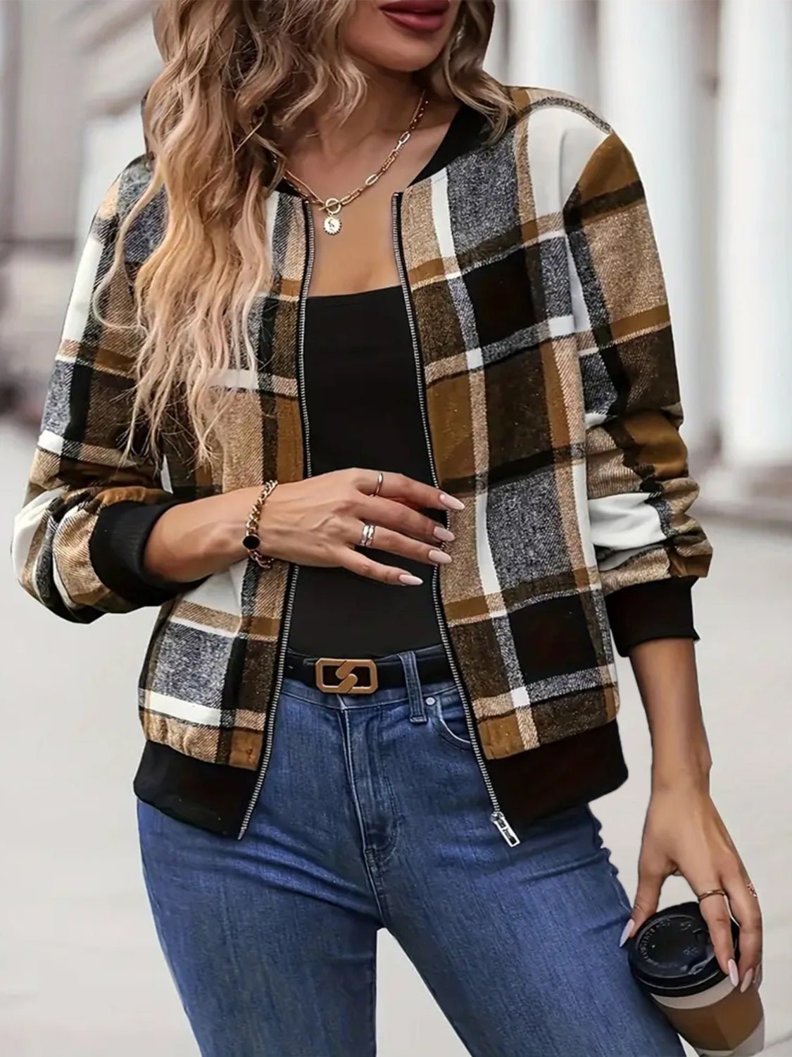 Plus Size Plaid Baseball Collar Zip Up Jacket - EMMY