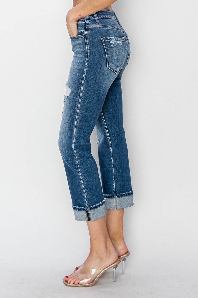 RISEN Full Size Cuffed Ankle Distressed Straight Jeans - EMMY