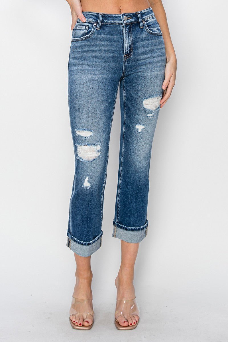 RISEN Full Size Cuffed Ankle Distressed Straight Jeans - EMMY