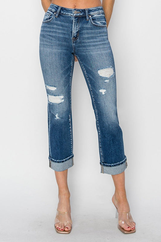 RISEN Full Size Cuffed Ankle Distressed Straight Jeans - EMMY