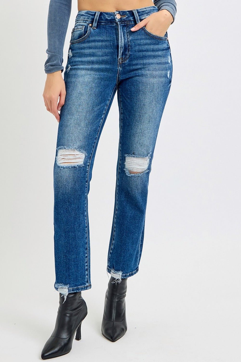 RISEN Full Size High Rise Distressed Crop Straight Jeans - EMMY