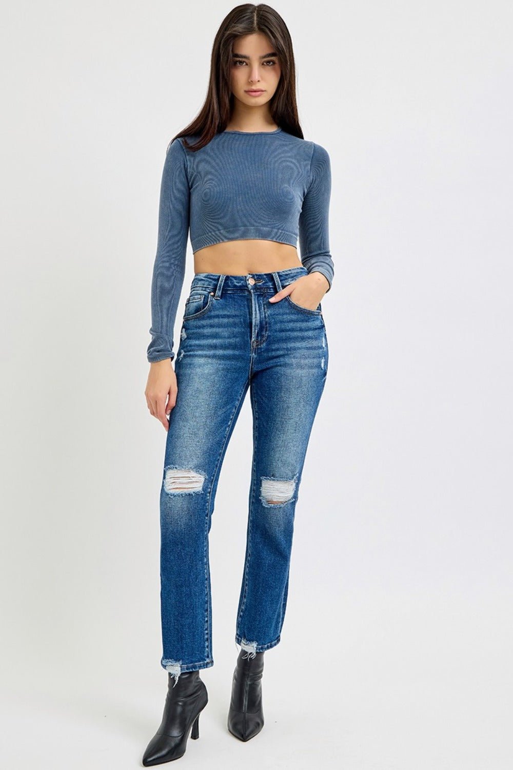 RISEN Full Size High Rise Distressed Crop Straight Jeans - EMMY