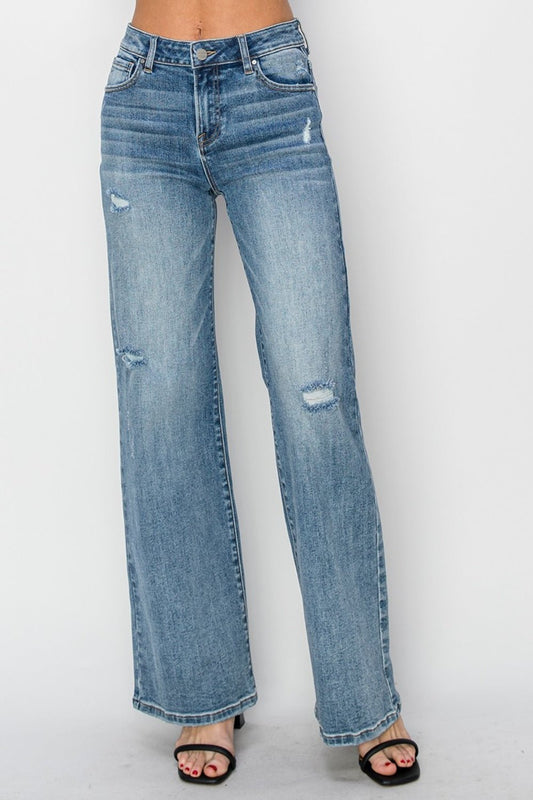 RISEN Full Size High Waist Distressed Wide Leg Jeans - EMMY