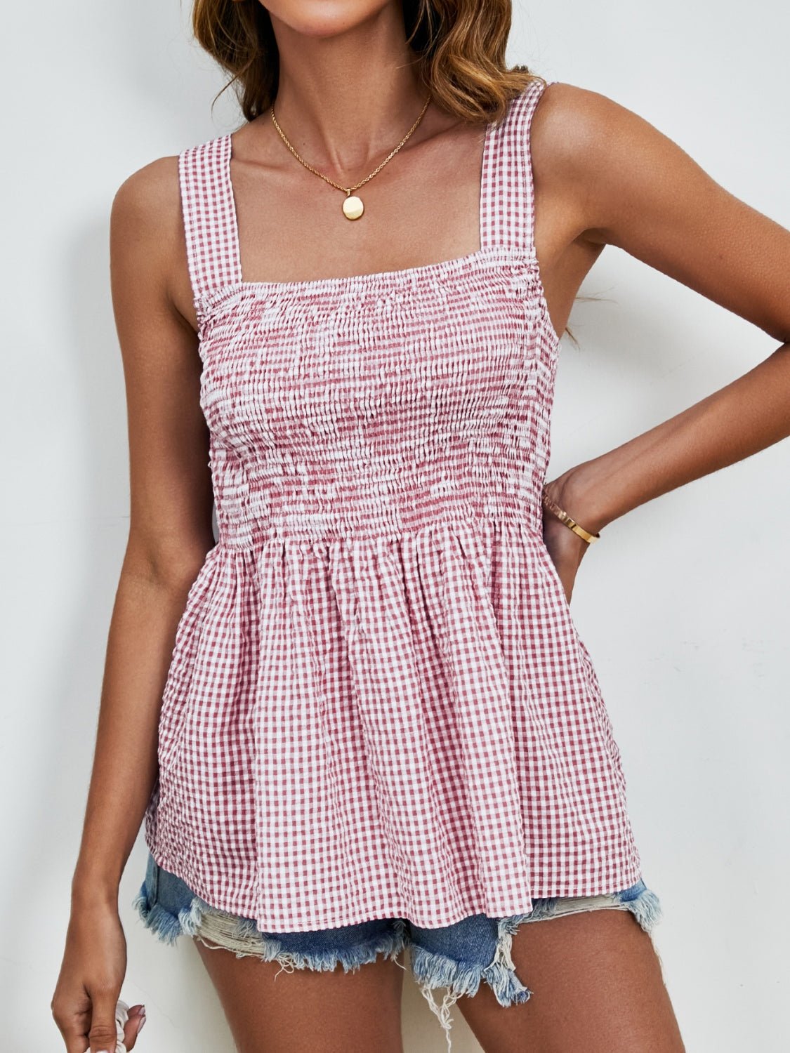 Smocked Plaid Square Neck Tank - EMMY