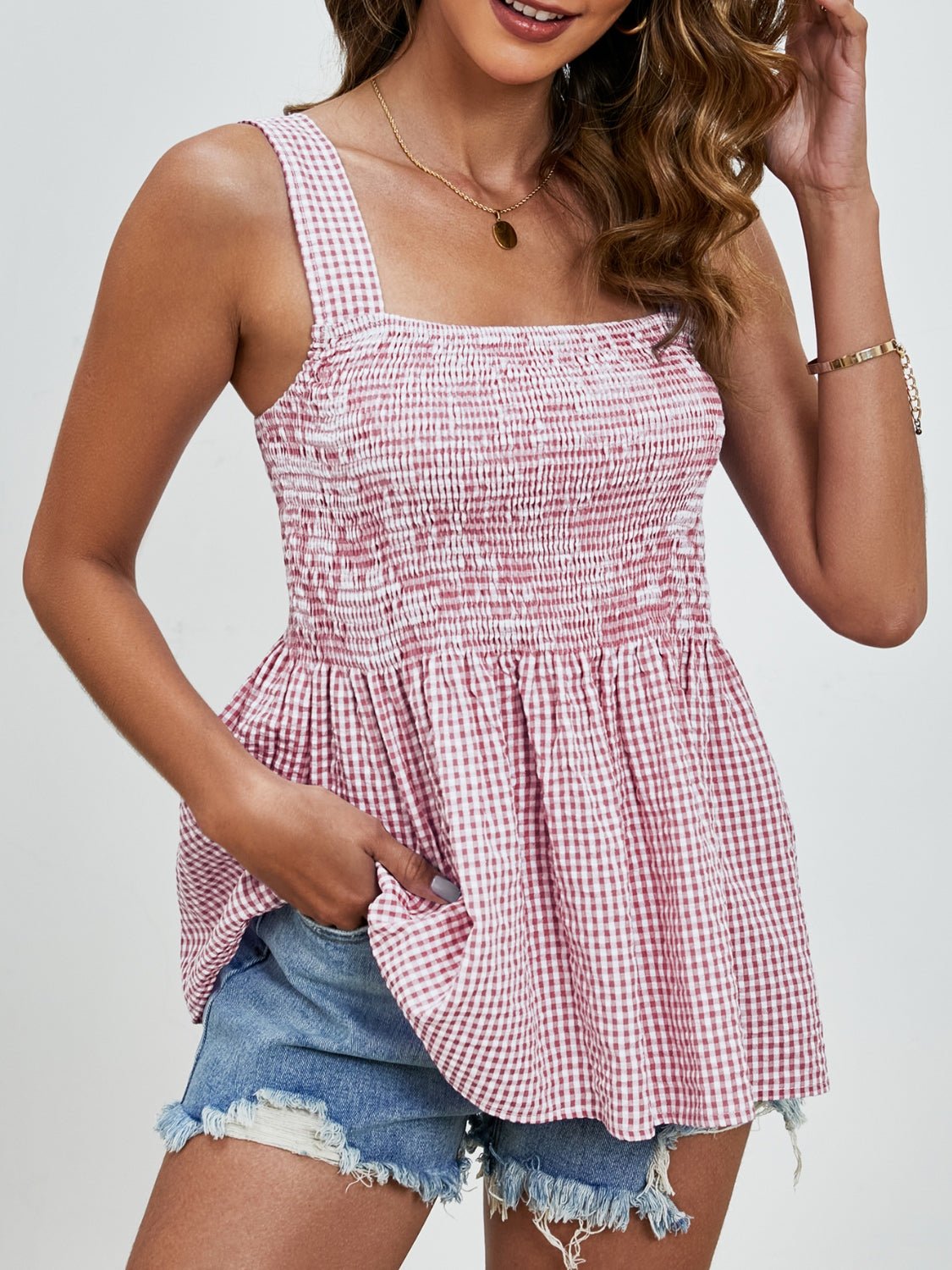 Smocked Plaid Square Neck Tank - EMMY