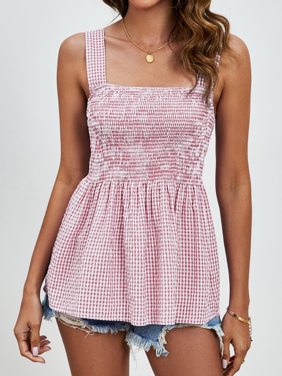 Smocked Plaid Square Neck Tank - EMMY