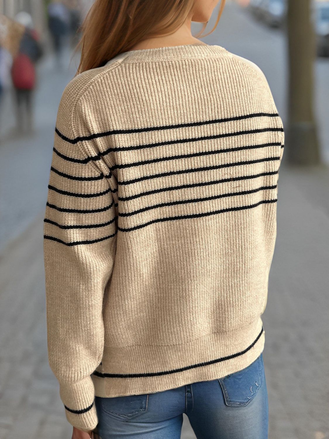 Striped Round Neck Long Sleeve Sweater - EMMY