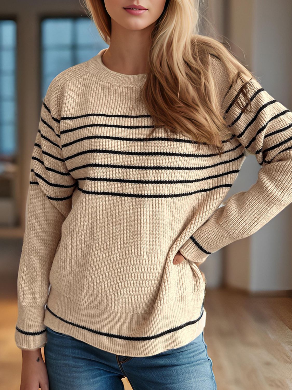 Striped Round Neck Long Sleeve Sweater - EMMY