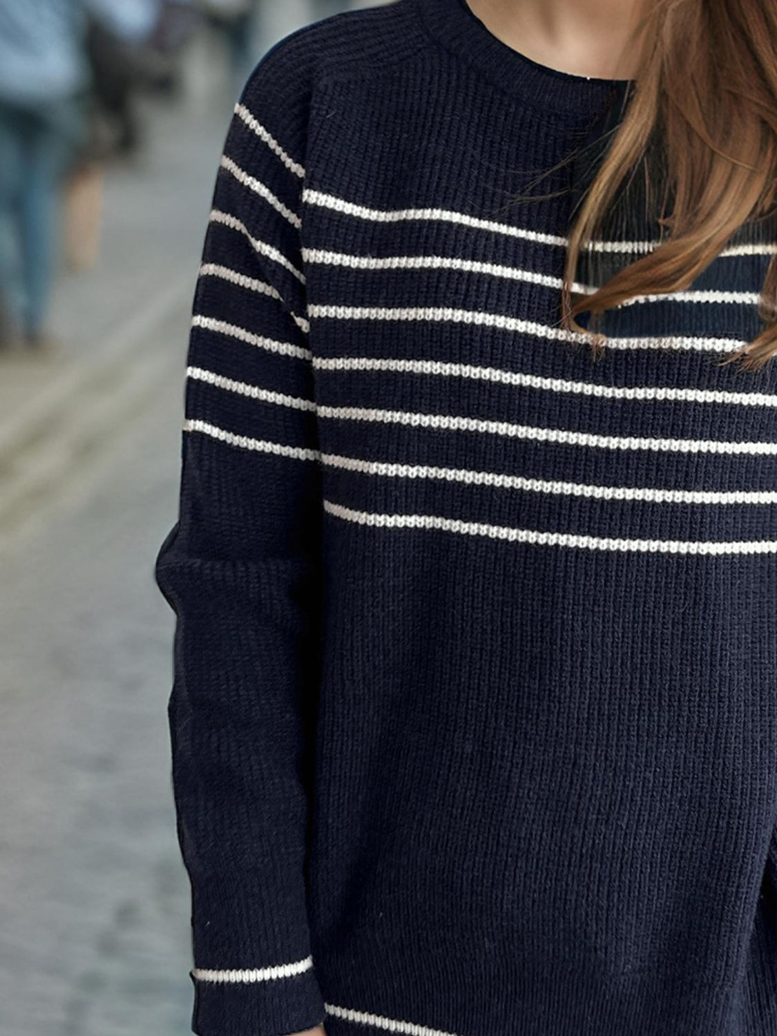 Striped Round Neck Long Sleeve Sweater - EMMY