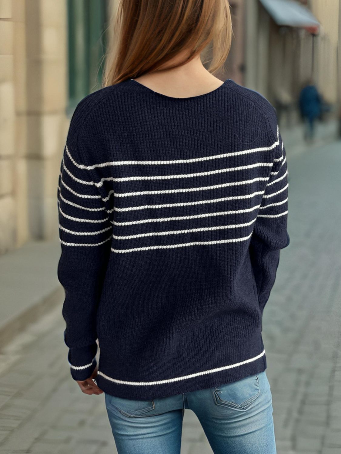 Striped Round Neck Long Sleeve Sweater - EMMY