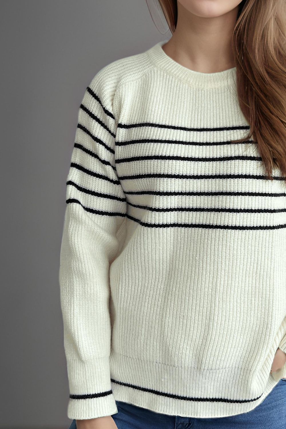 Striped Round Neck Long Sleeve Sweater - EMMY