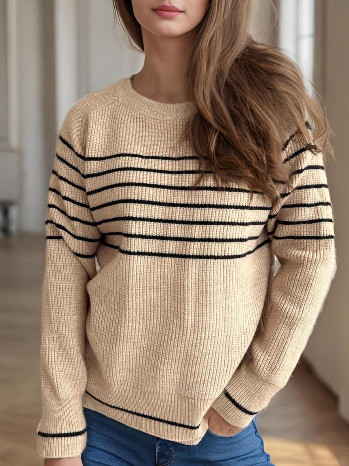 Striped Round Neck Long Sleeve Sweater - EMMY