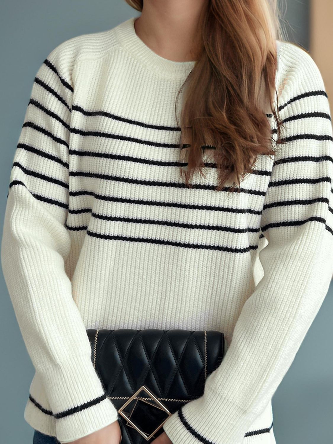 Striped Round Neck Long Sleeve Sweater - EMMY