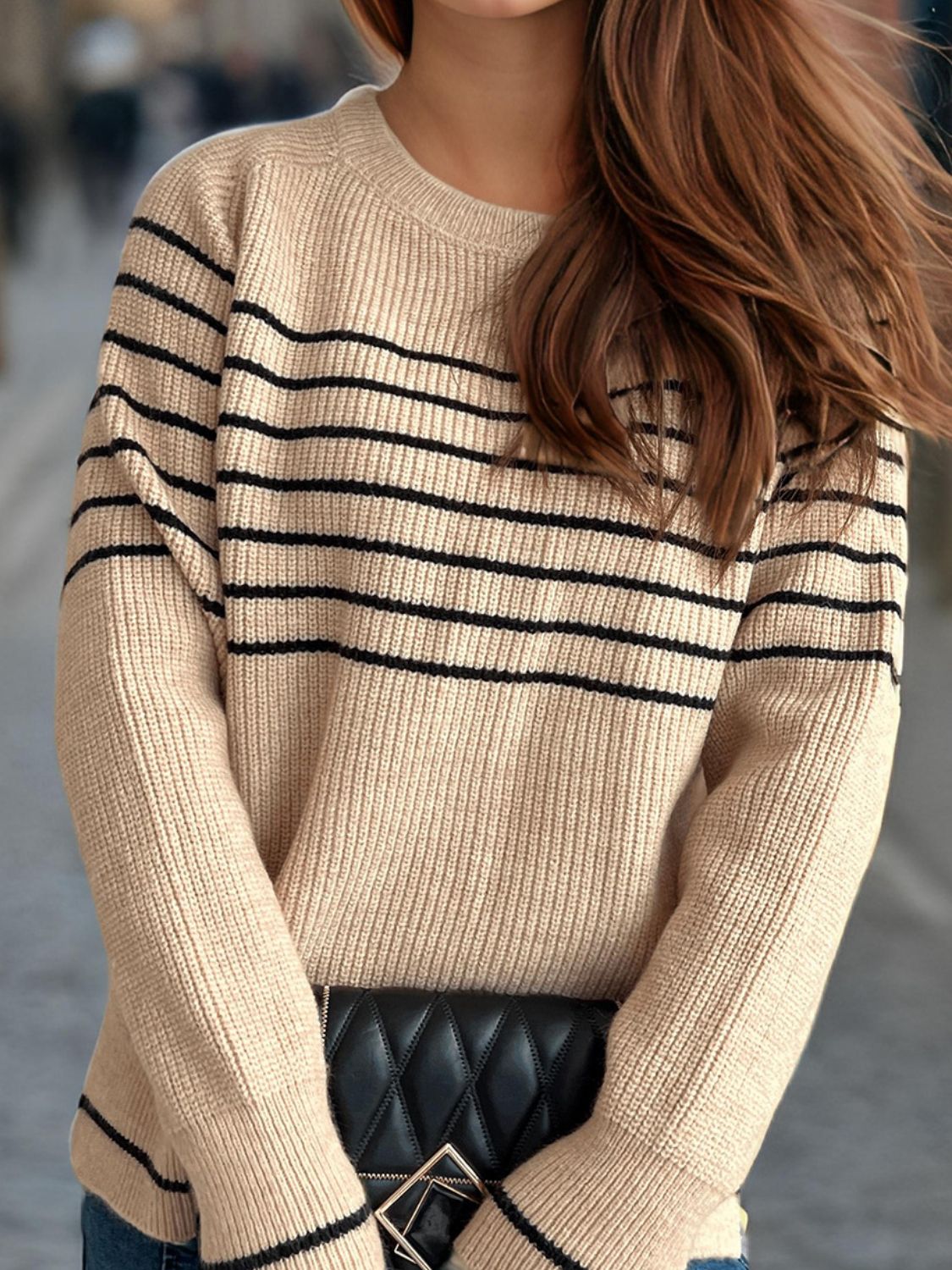 Striped Round Neck Long Sleeve Sweater - EMMY