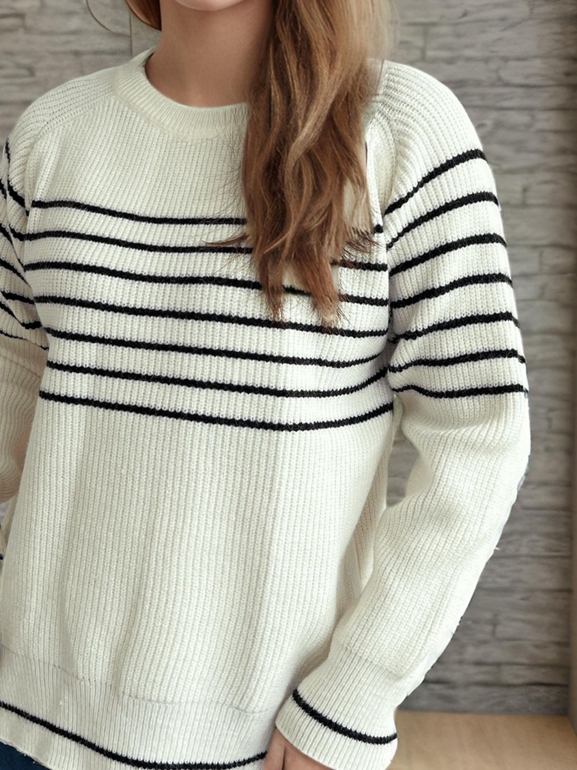 Striped Round Neck Long Sleeve Sweater - EMMY