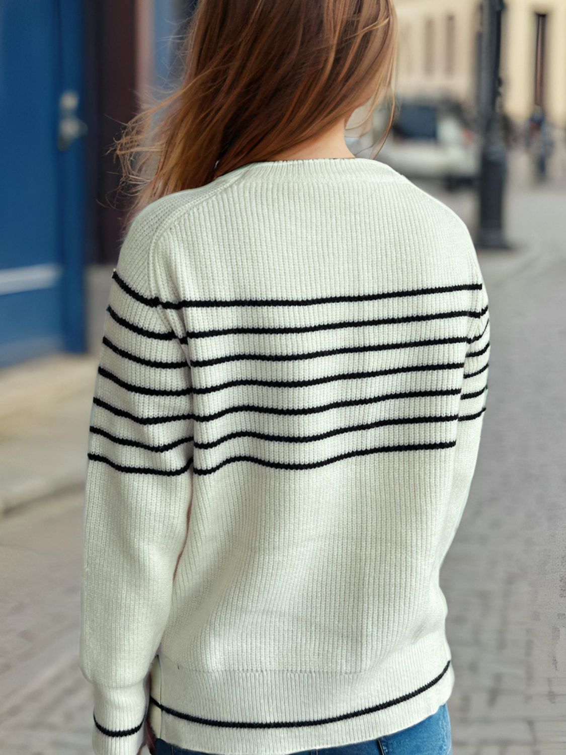 Striped Round Neck Long Sleeve Sweater - EMMY