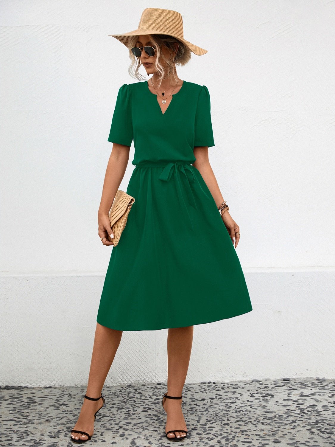 Tied Notched Short Sleeve Dress - EMMY