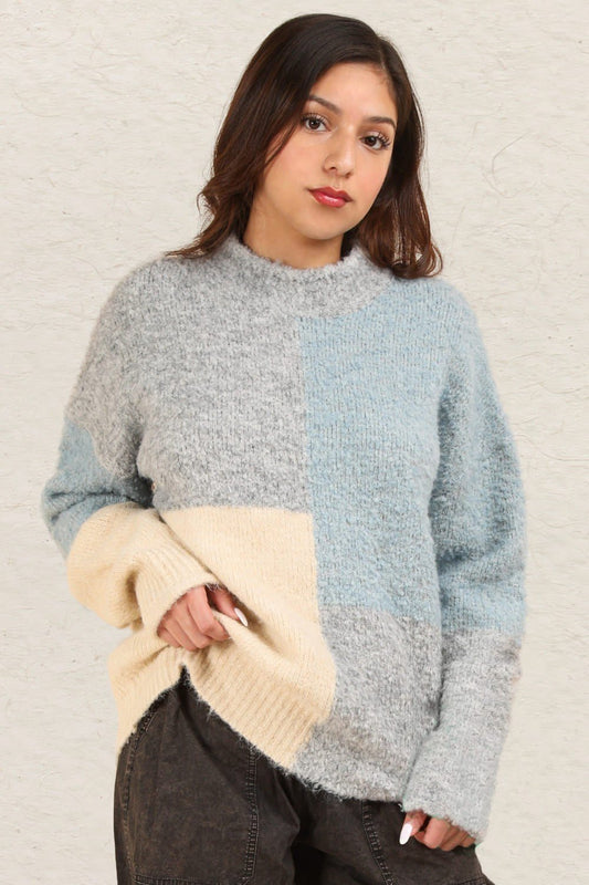 VERY J Color Block Mock Neck Drop Shoulder Sweater - EMMY