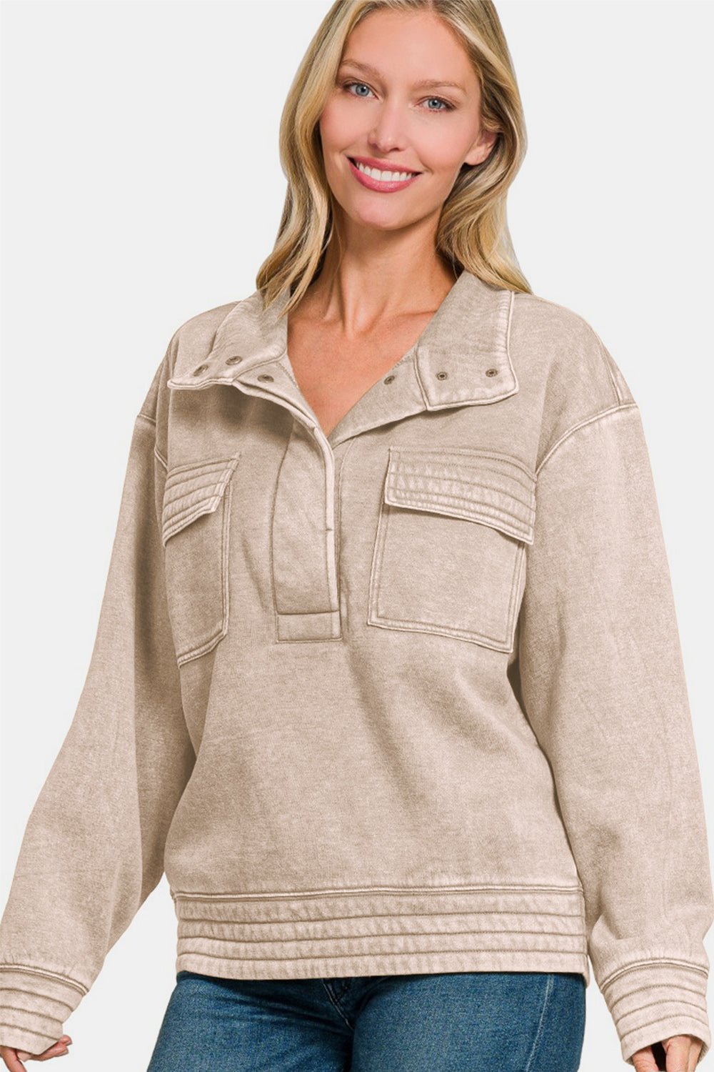 Zenana Acid Washed Half Snap Fleece Sweatshirt - EMMY