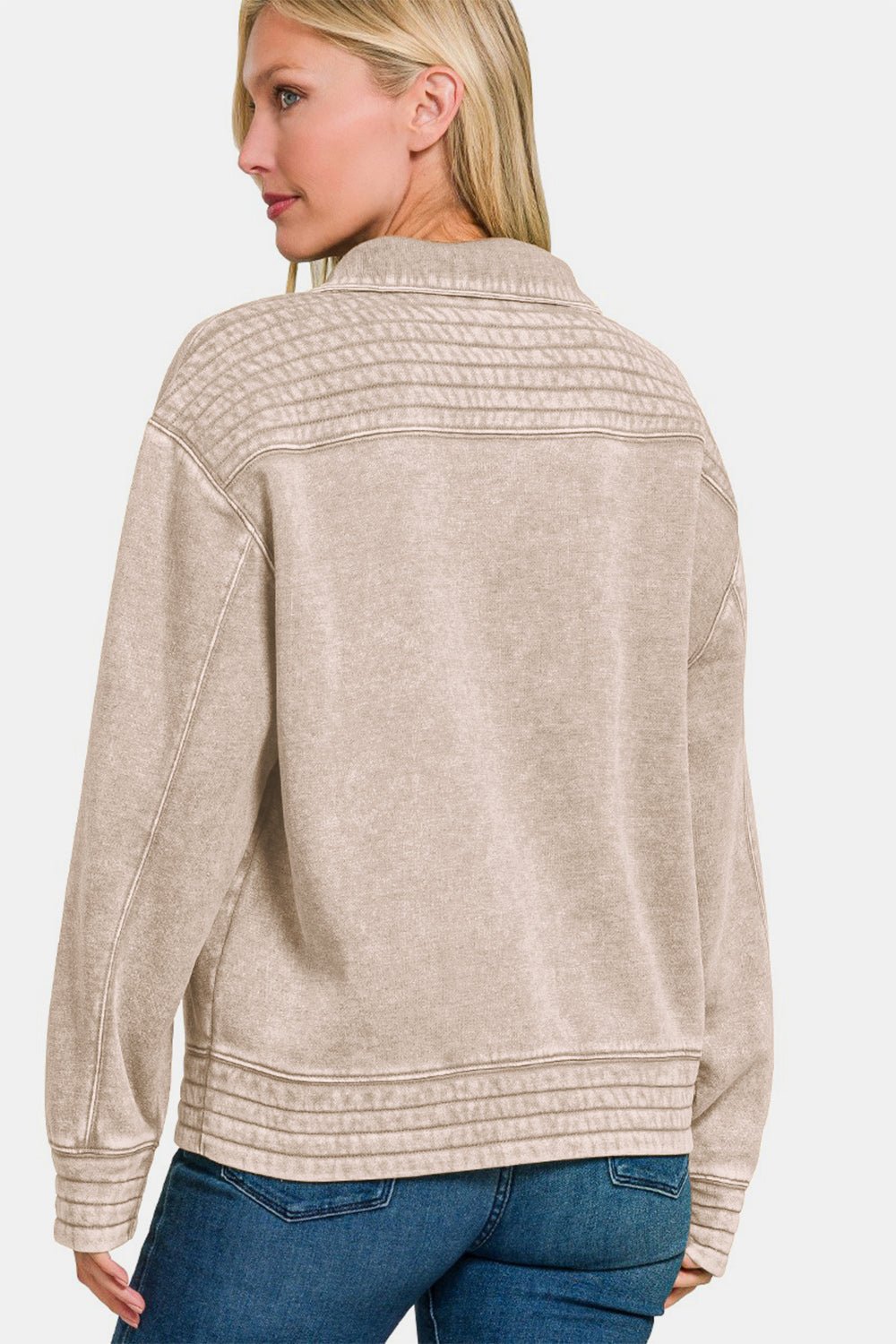 Zenana Acid Washed Half Snap Fleece Sweatshirt - EMMY