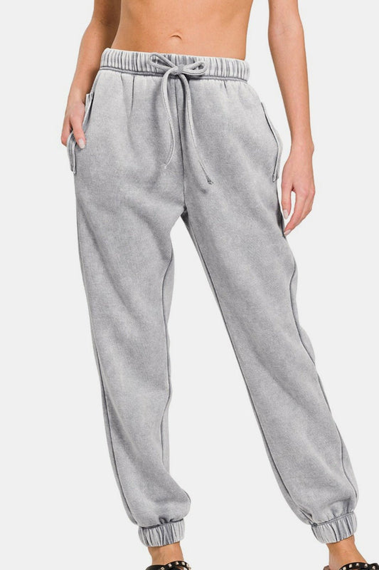 Zenana Full Size Acid Wash Fleece Drawstring Sweatpants with Pockets - EMMY