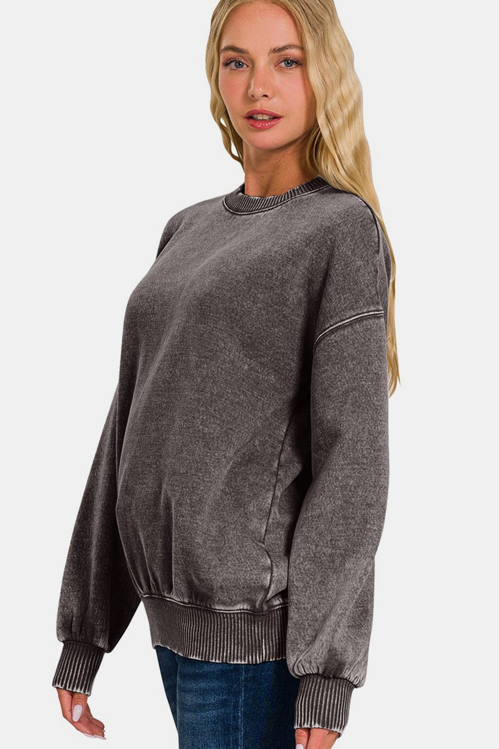 Zenana Full Size Acid Wash Fleece Long Sleeve Sweatshirt - EMMY