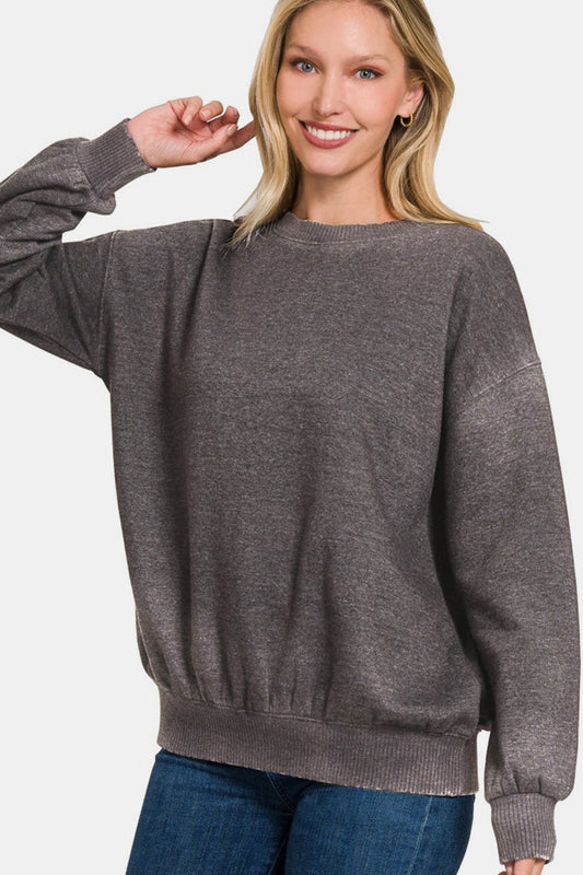 Zenana Full Size Acid Wash Fleece Long Sleeve Sweatshirt - EMMY